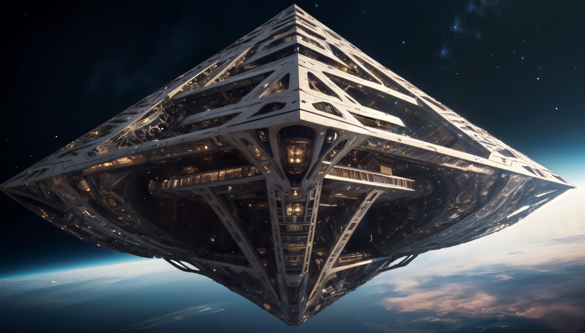 A massive, diamond shaped, gold coloured futuristic star ship which has intricate openings and features, metallic detailing, and amber lighting in orbit above a planet.