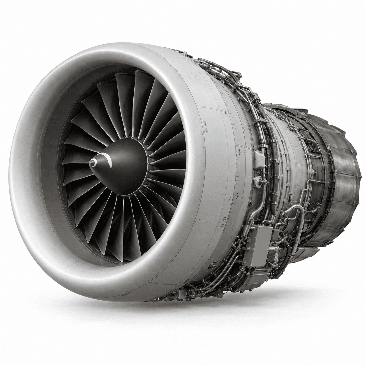Turbofan jet engine with exposed fan blades and external tubing