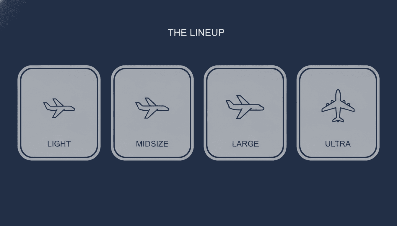 Bombardier private jet lineup — light, midsize, large, ultra-long-range class infographic
