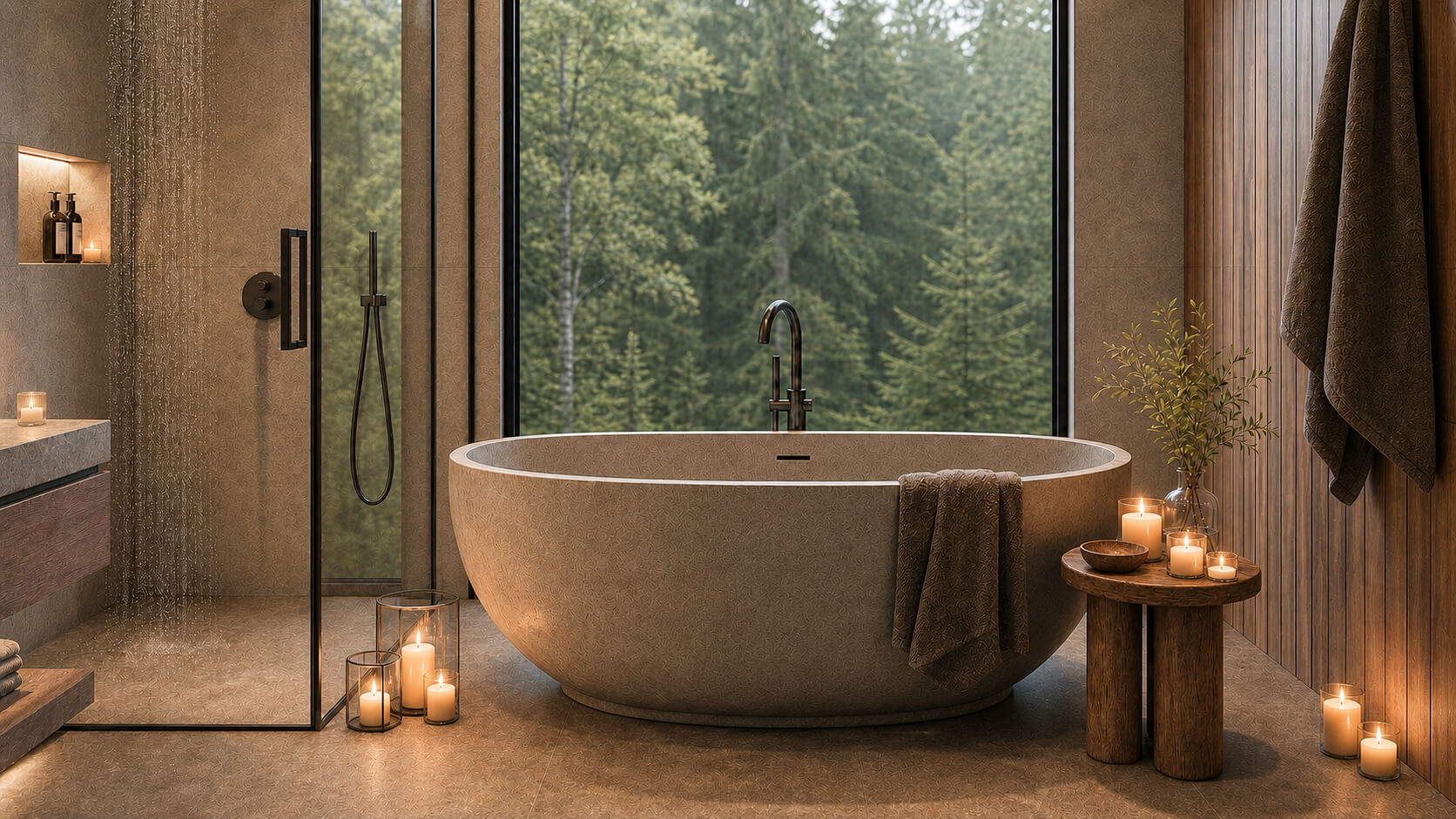 Freestanding bathtub beside forest-facing windows and candles