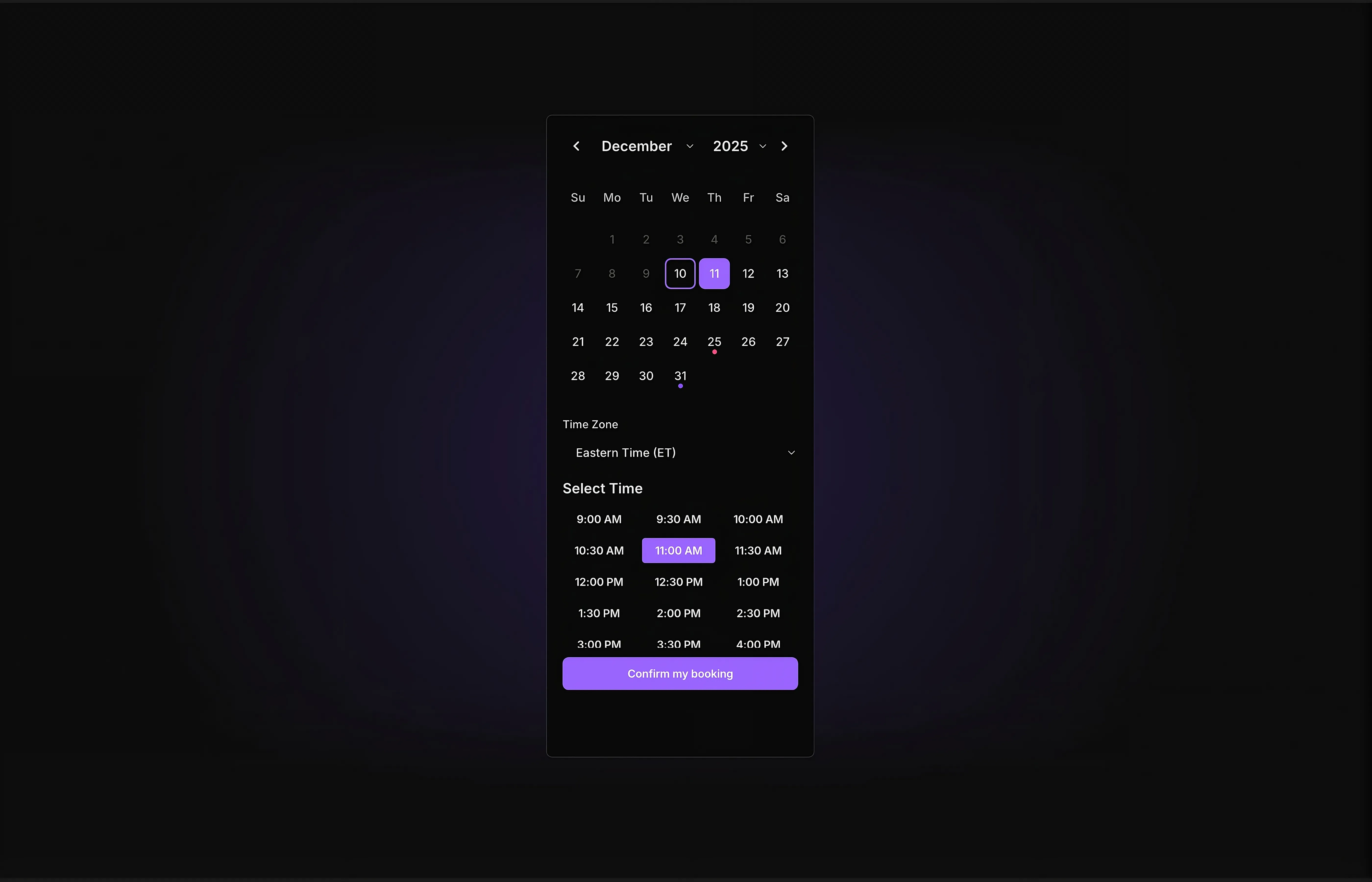An appointment scheduler in dark theme with a time and date picker