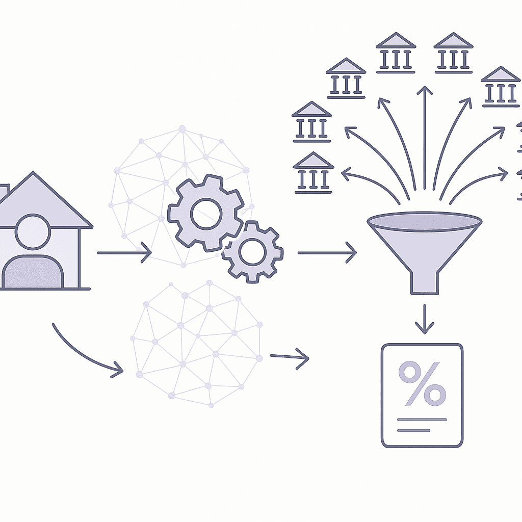Flow diagram of a homebuyer routed through an AI engine to many lenders, funneling to the best rate offer