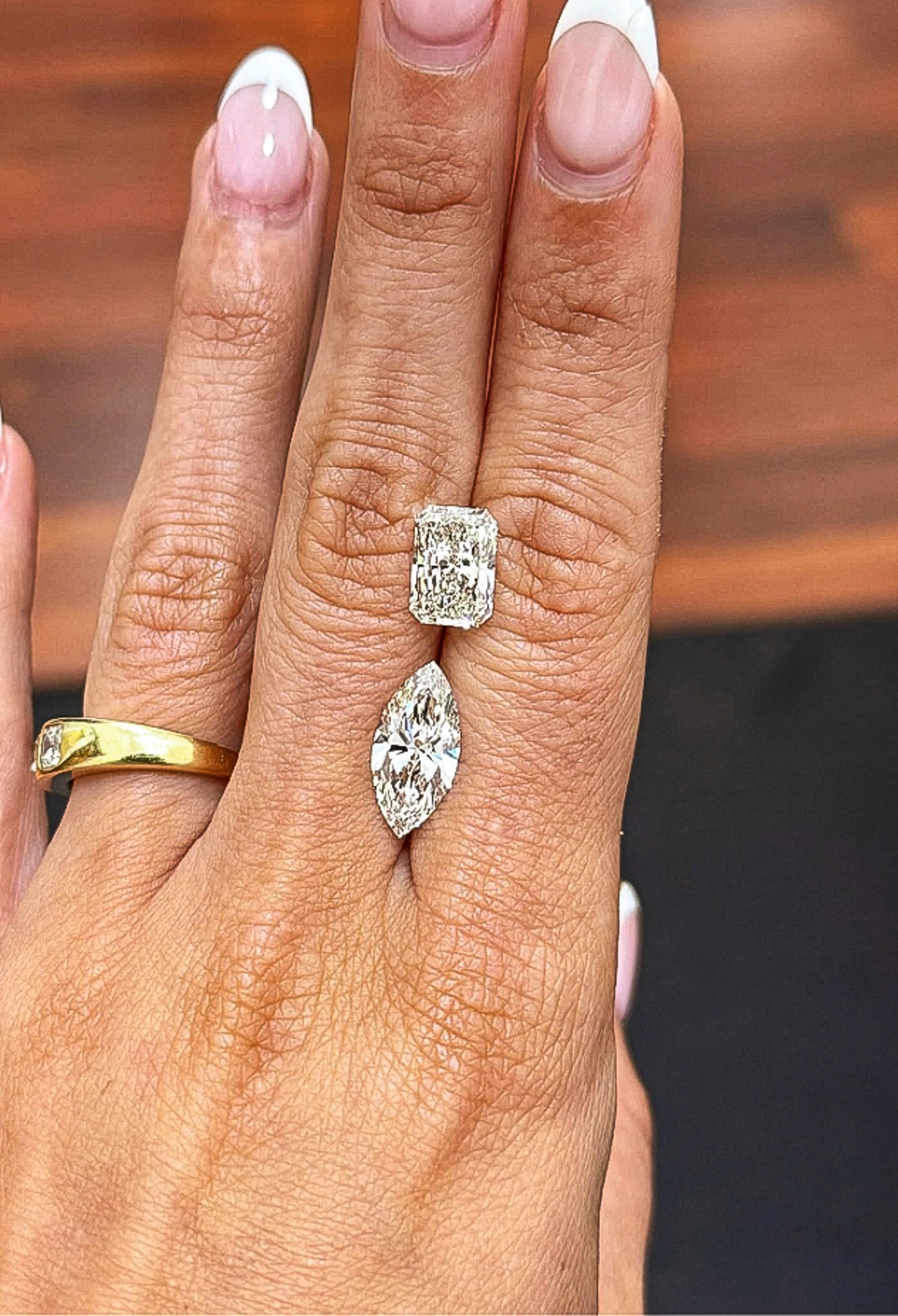 A Marquise cut lab-grown diamond with pointed ends.