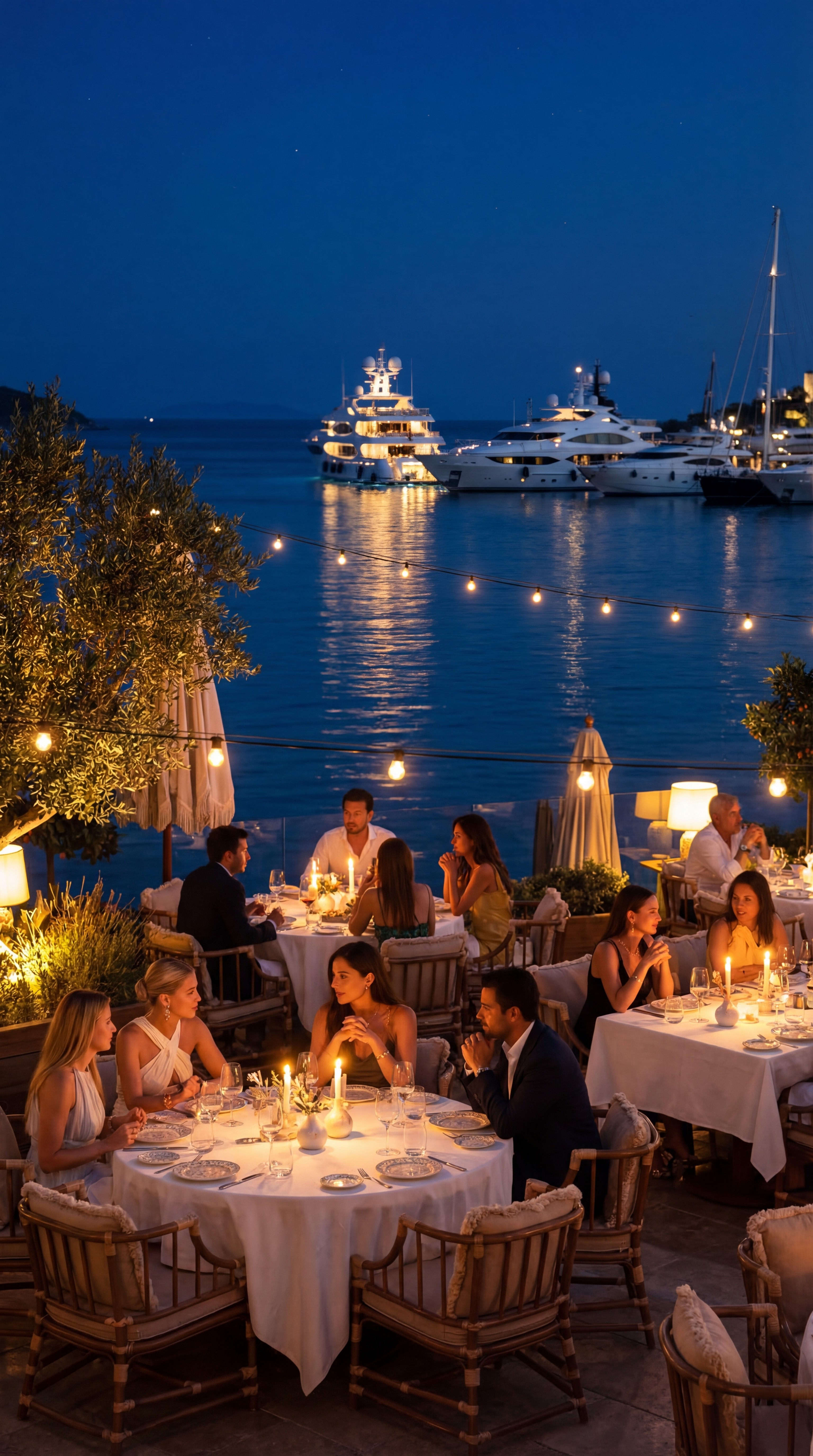 Waterfront dining in Bodrum Turkey with candlelit tables and luxury restaurant setting