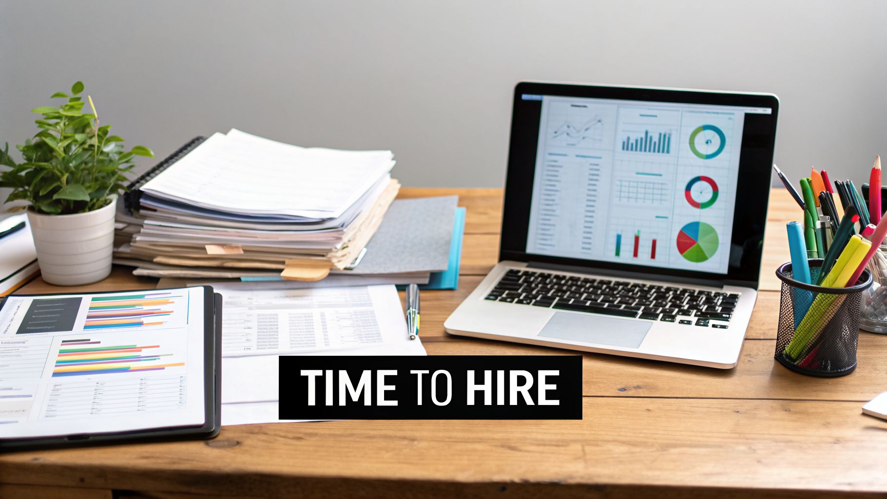 A busy office desk with a laptop displaying charts, stacks of papers, and the text 'TIME TO HIRE'.