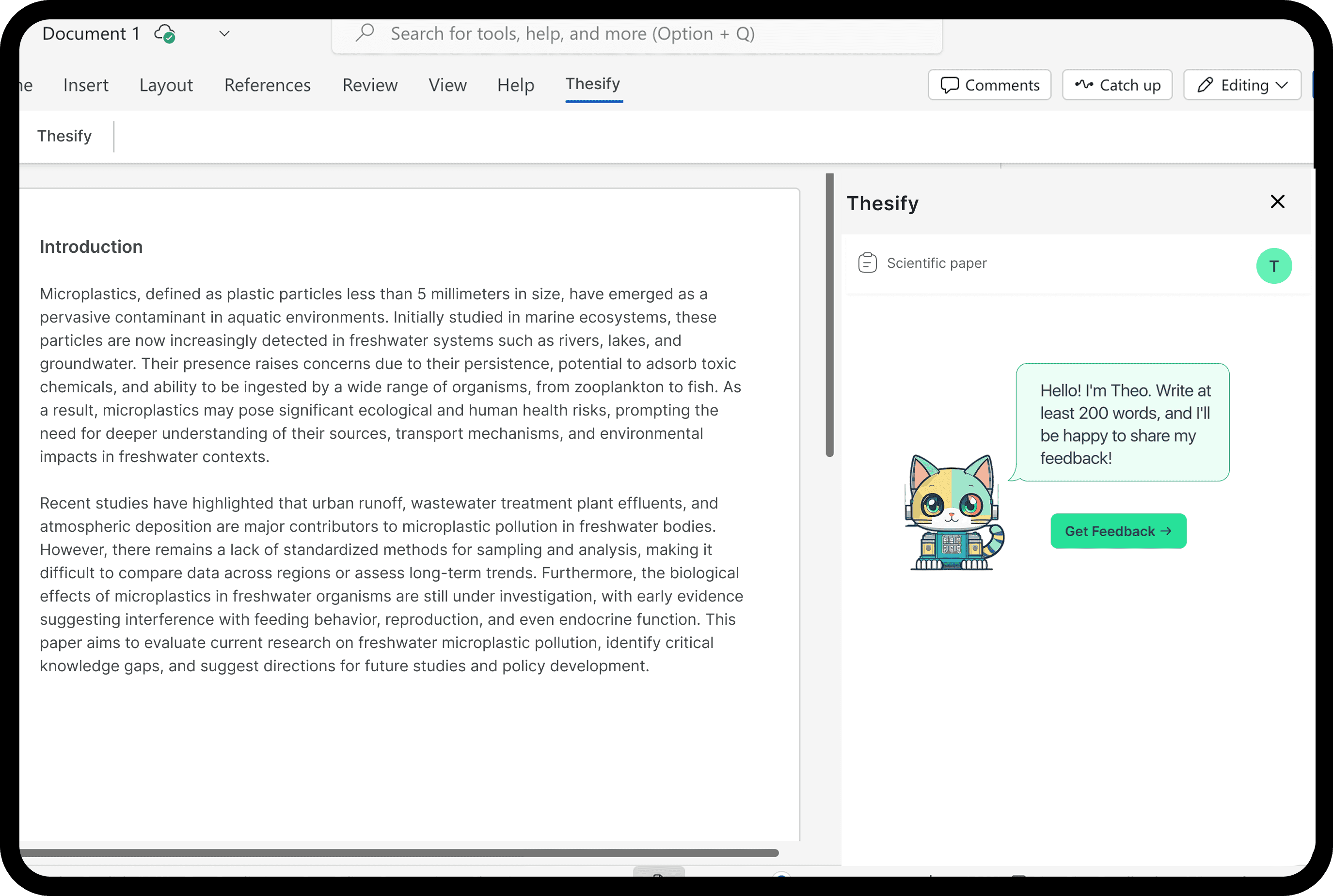Screenshot of a document in Word with the Thesify plugin open on the side