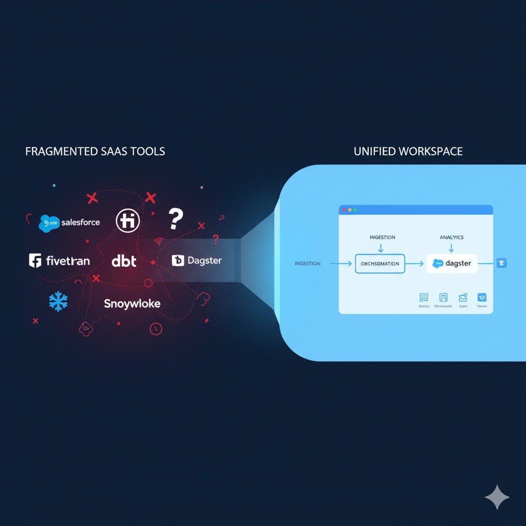 Diagram showing fragmented data stack with disconnected tools versus unified workspace with integrated data lifecycle