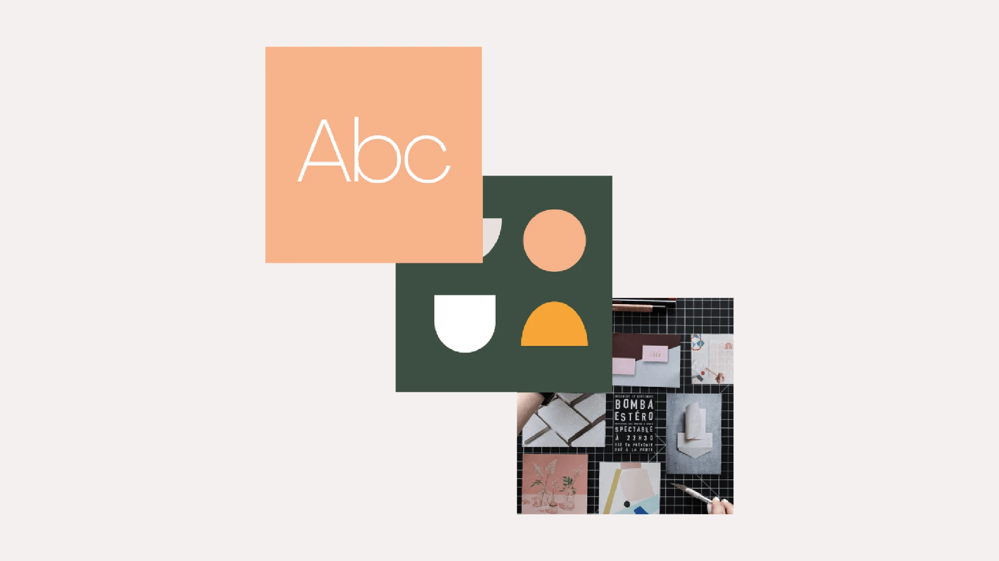 three cards with fonts, colors and photography