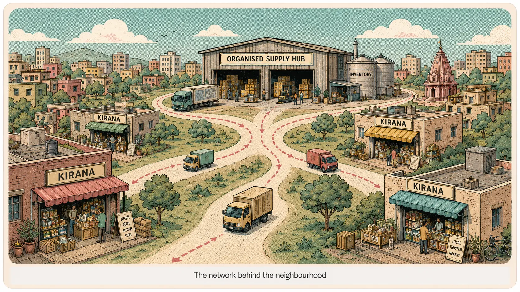 Illustration of India’s kirana network connecting neighbourhood stores to an organised retail supply chain.