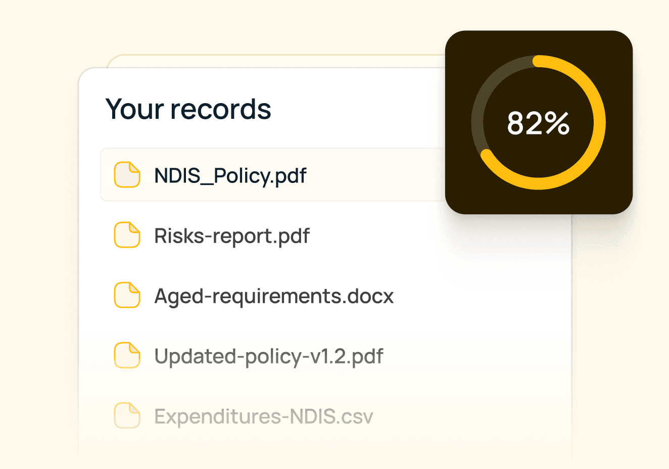 Slide showing "Your records" with a list of goals and a circular chart displaying a percentage of 83%.