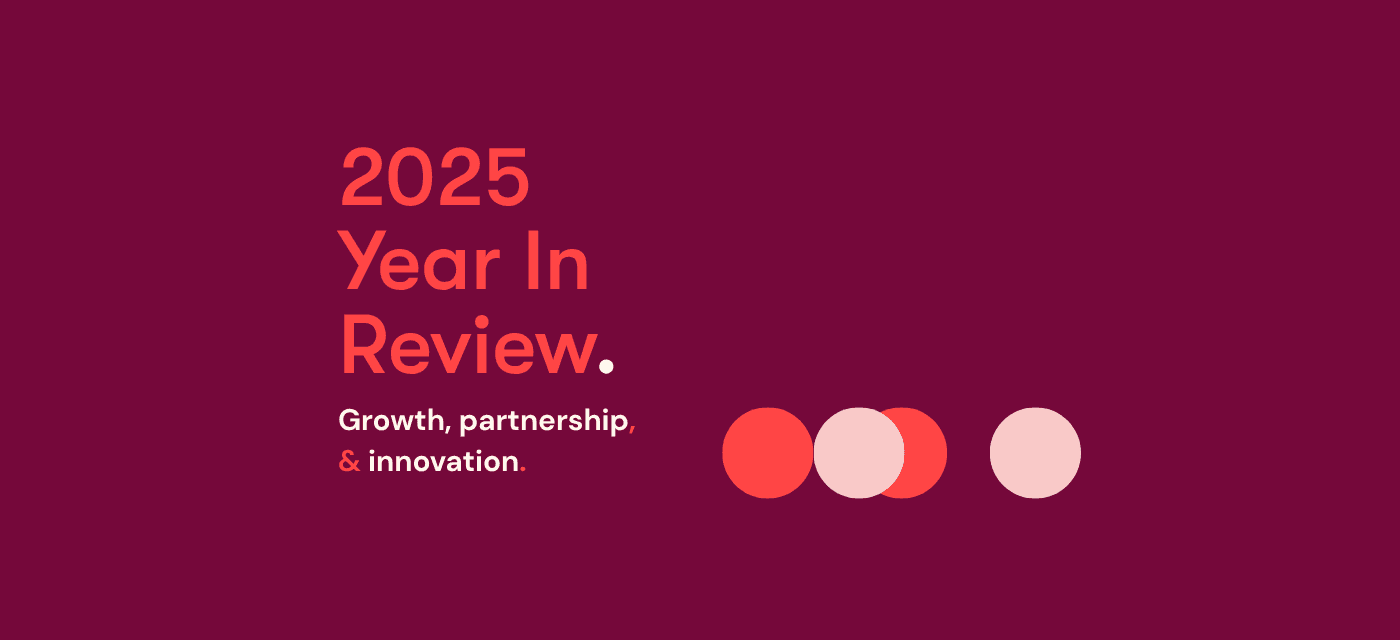 Graphic with bold text reading "2025 Year In Review. Growth, partnership, & innovation." on a deep red background with circular design elements