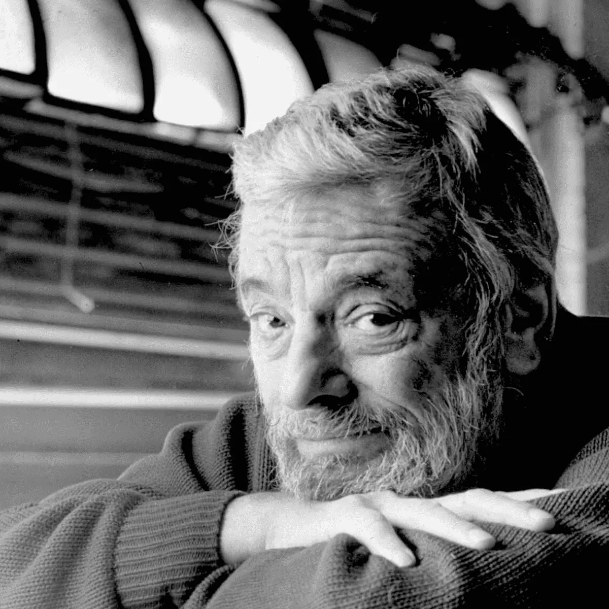 Black and white portrait photograph of broadway composer Stephen Sondheim