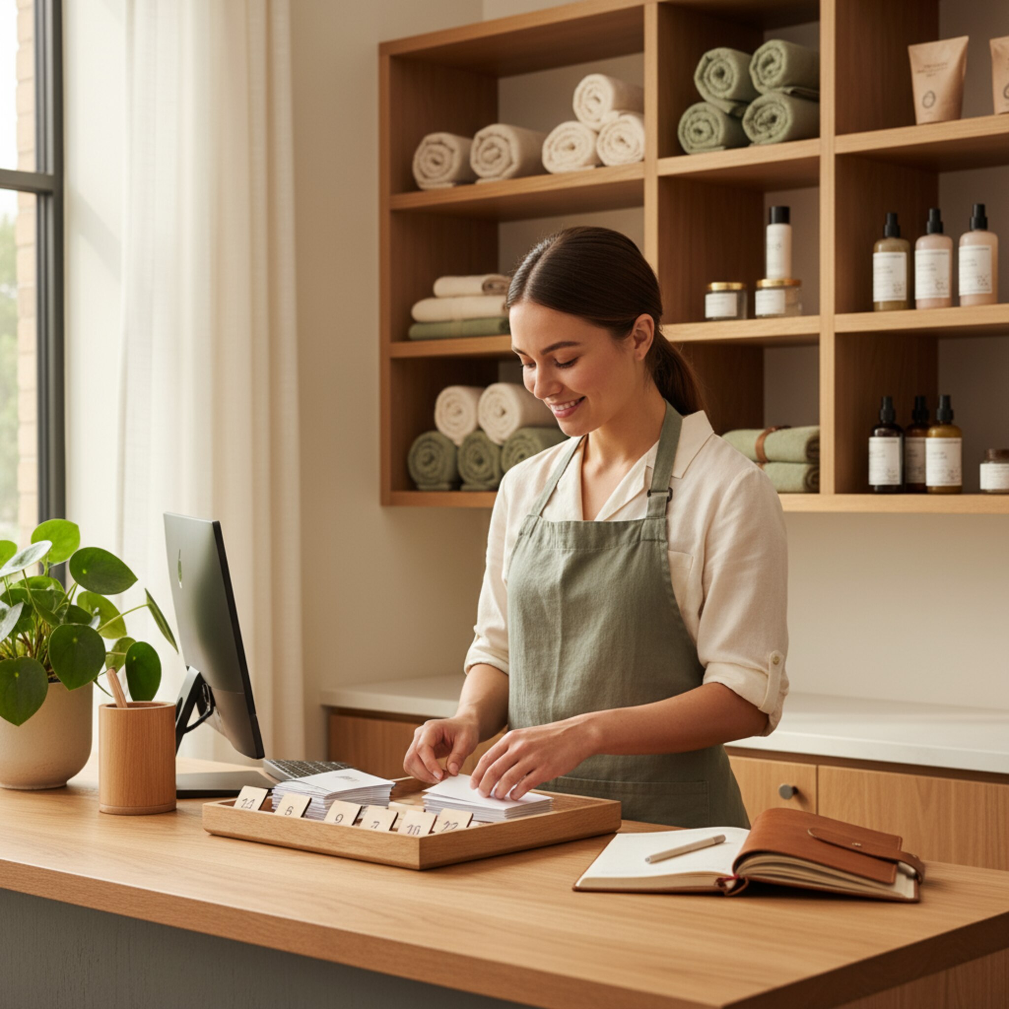 An der Rezeption sortiert eine Mitarbeiterin weiße Umschläge und legt kleine, nummerierte Karten für wiederkehrende Aufenthalte bereit. Ein gepflegtes Holzregal mit Leinen und Pflegeartikeln steht daneben. Sanftes Licht schafft Ruhe. Alles ist vorbereitet und nachvollziehbar.