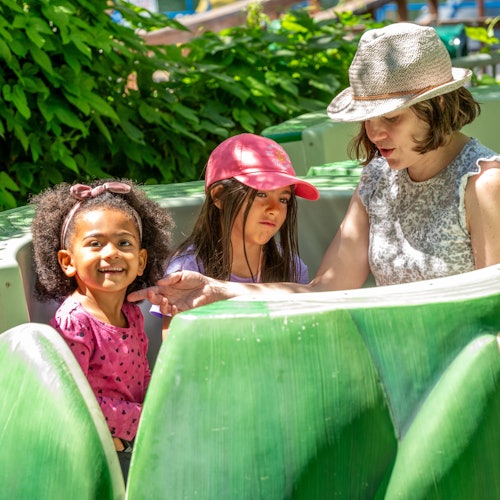 Dua kanak-kanak tersenyum duduk di dalam tunggangan taman hiburan yang berwarna hijau bersama seorang wanita dewasa yang memakai topi. Dedaunan yang subur kelihatan di latar belakang.