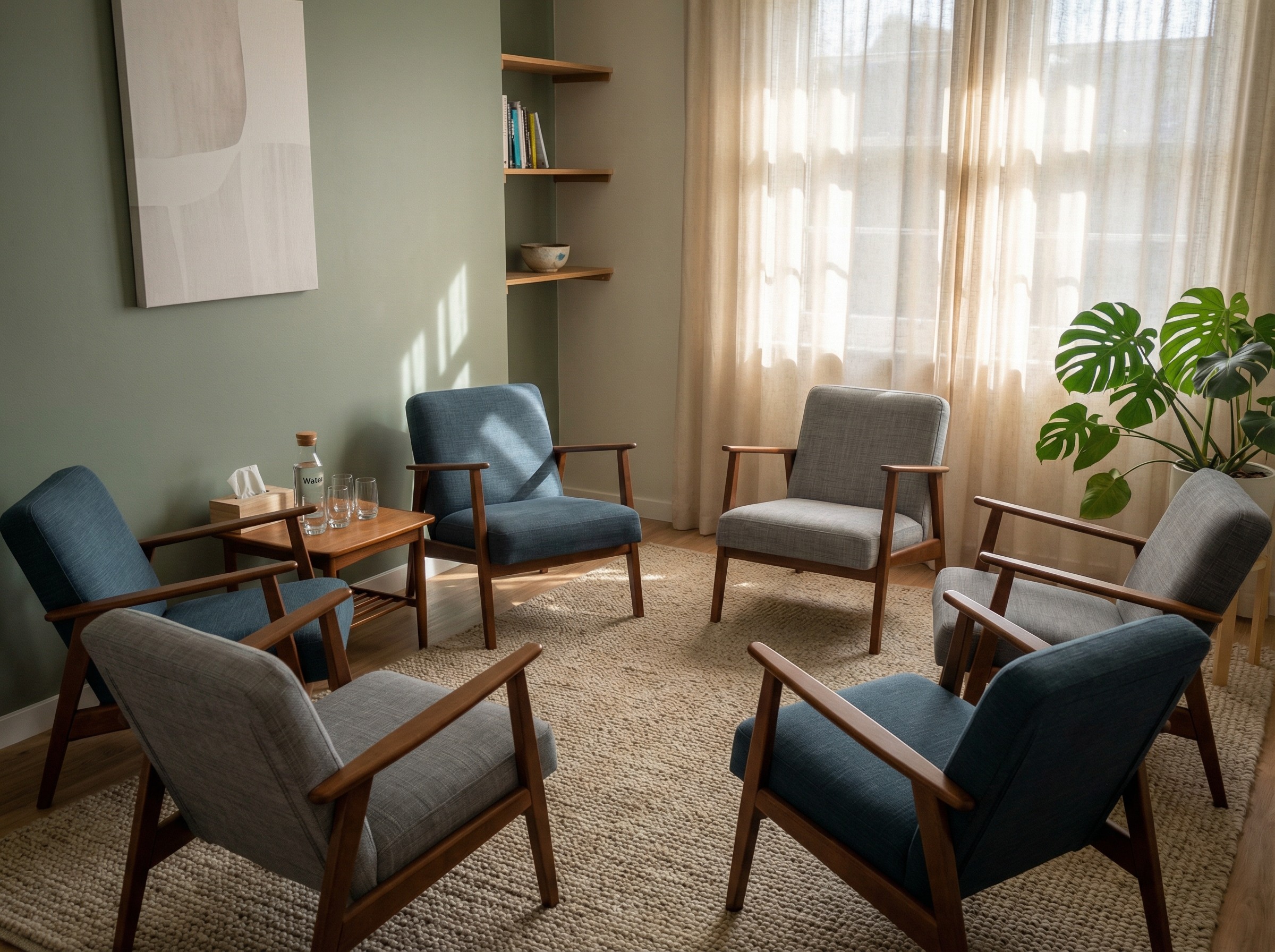 Ein Therapieraum ist für eine kleine Gruppe vorbereitet. Sechs Stühle bilden einen klaren Kreis, auf einem Beistelltisch liegen Taschentücher und ein dezent beschrifteter Wasserkrug. Das einfallende Licht macht den Raum freundlich. Alles wirkt strukturiert, ruhig und bereit für eine konzentrierte Sitzung.