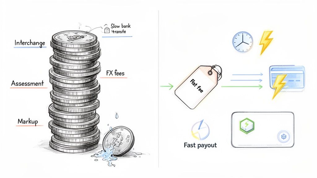 Illustration contrasting multiple transaction fees (interchange, assessment, FX) and slow bank transfers with a simplified flat fee and fast credit card payout.