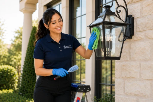 A smiling exterior home detailing professional with Brenda's Cleaning service wiping down a large black lantern light fixture on a stone wall. She is standing on a step ladder, holding a small blue duster in one hand, using a green microfiber cloth with the other, and wearing a branded navy uniform polo shirt and blue safety gloves. The scene highlights high-quality residential outdoor cleaning, patio detailing, and fixture maintenance services for upscale North American homes.