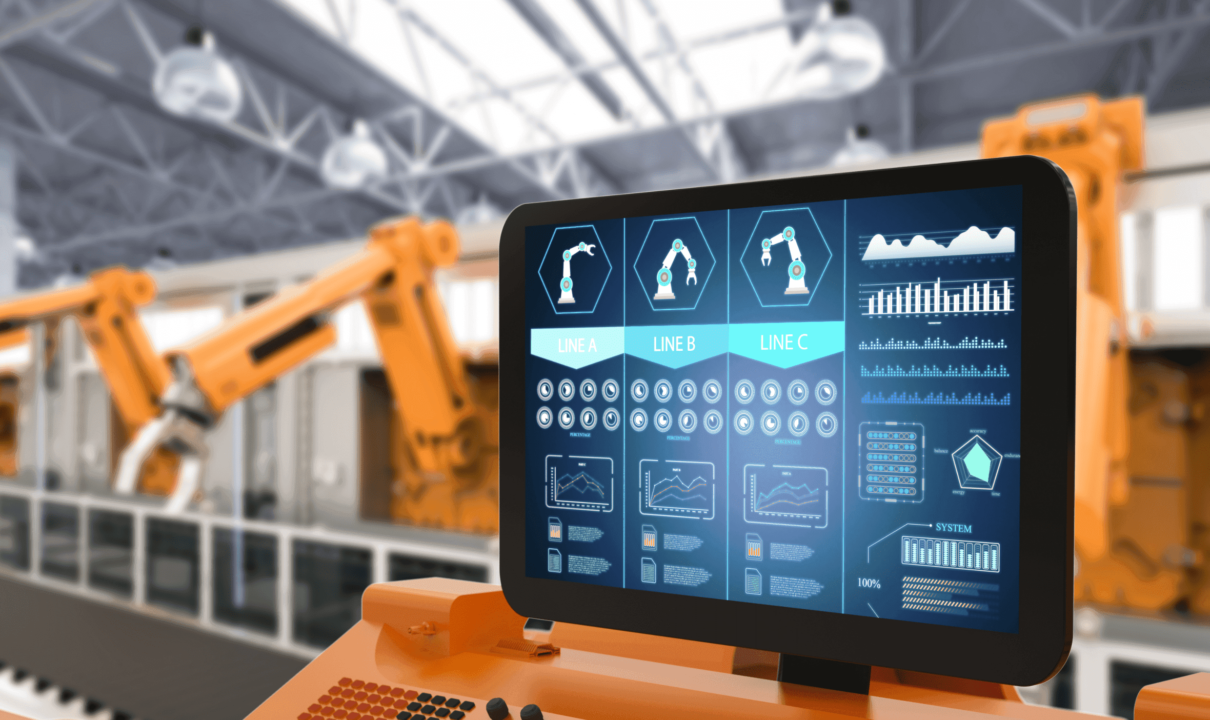 Monitor mit digitalem Produktions-Dashboard mit Liniendiagrammen und Metriken vor orangefarbenen Roboterarmen in einer Fabrik.