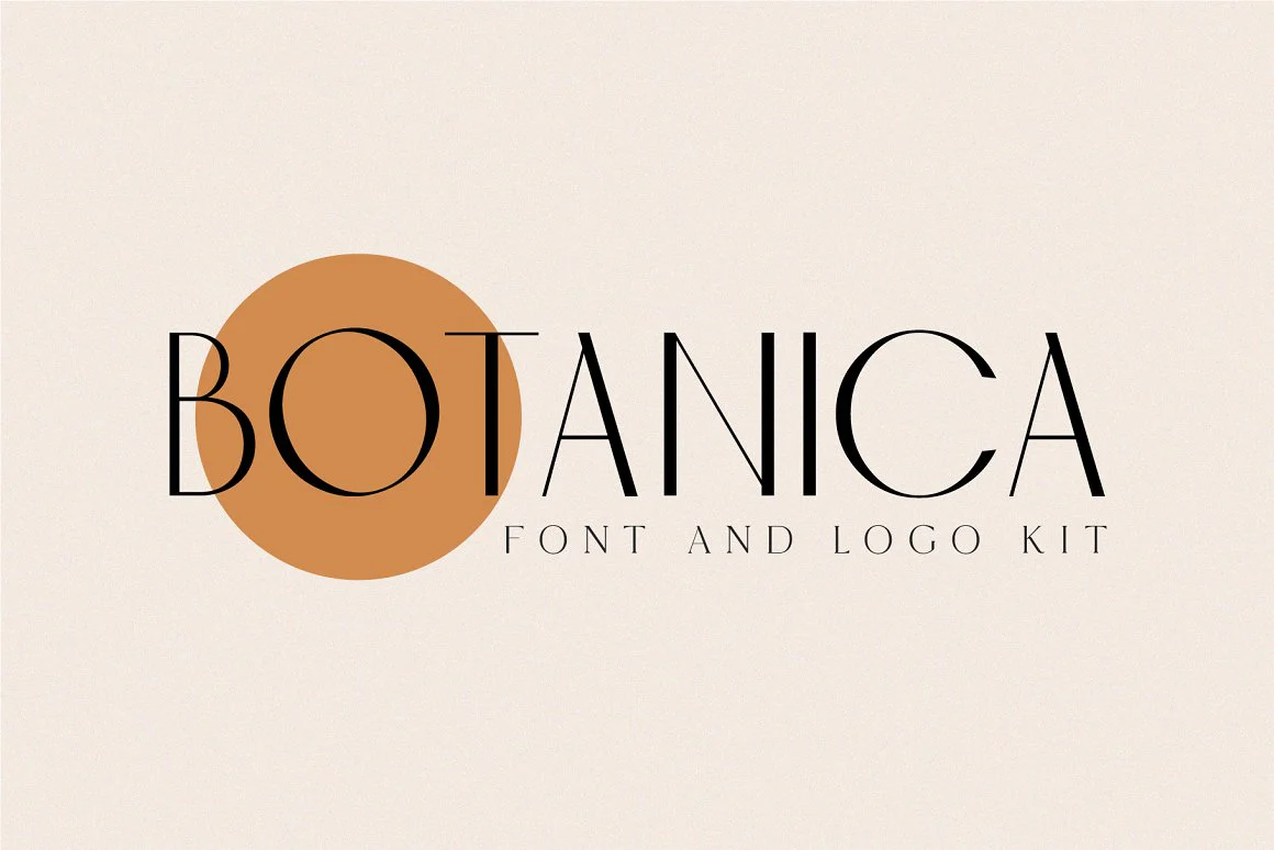 Botanica font kit logo with elegant serif font, featuring a burnt orange circle and modern design.