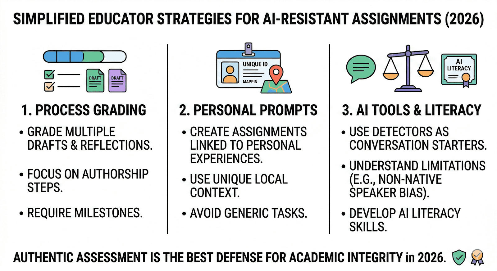 A simplified 2026 infographic for educators outlining three core strategies for AI-resistant assignments: process-based grading, personalized prompts, and developing AI literacy.