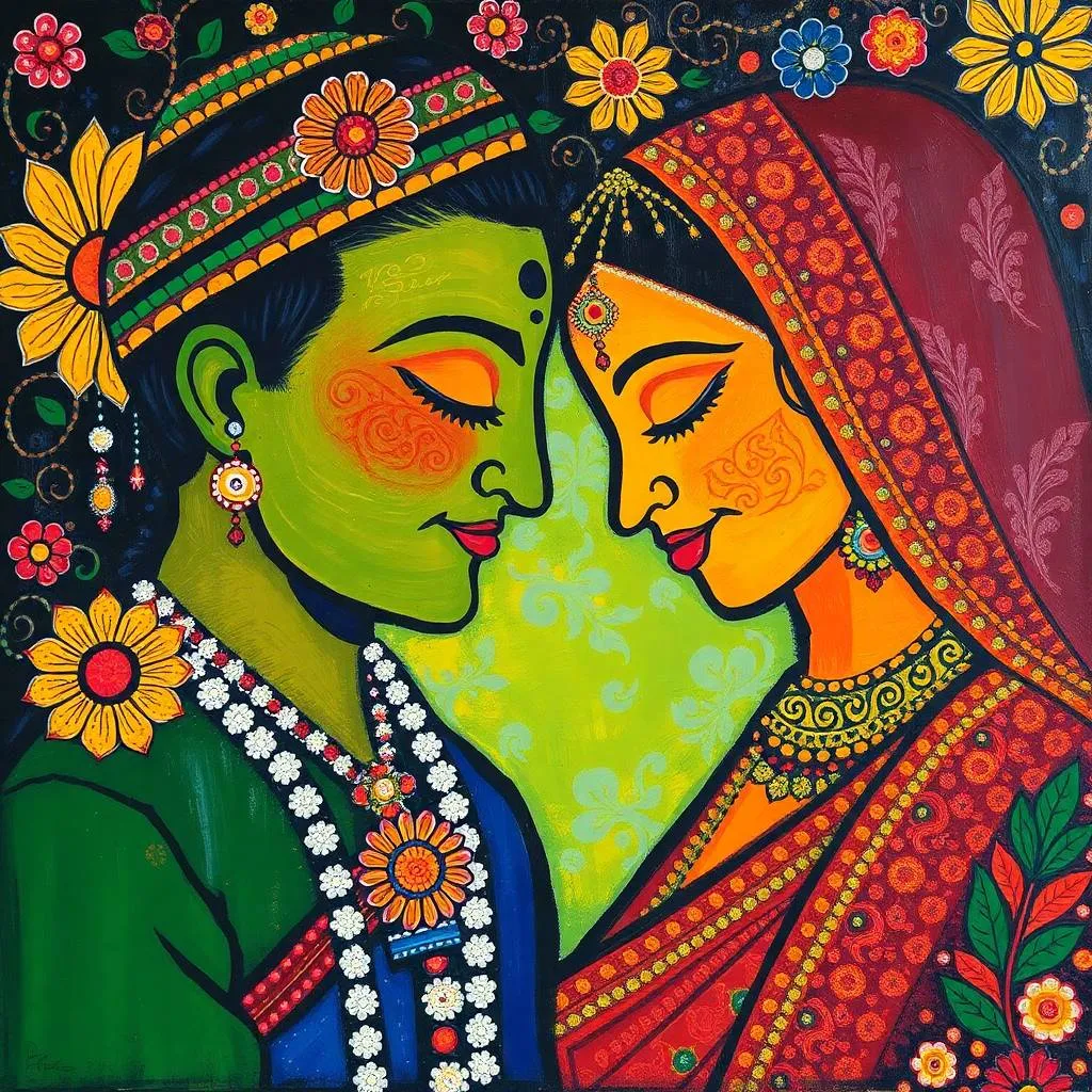 Mithila Painting of two people contently leaning on each other's heads