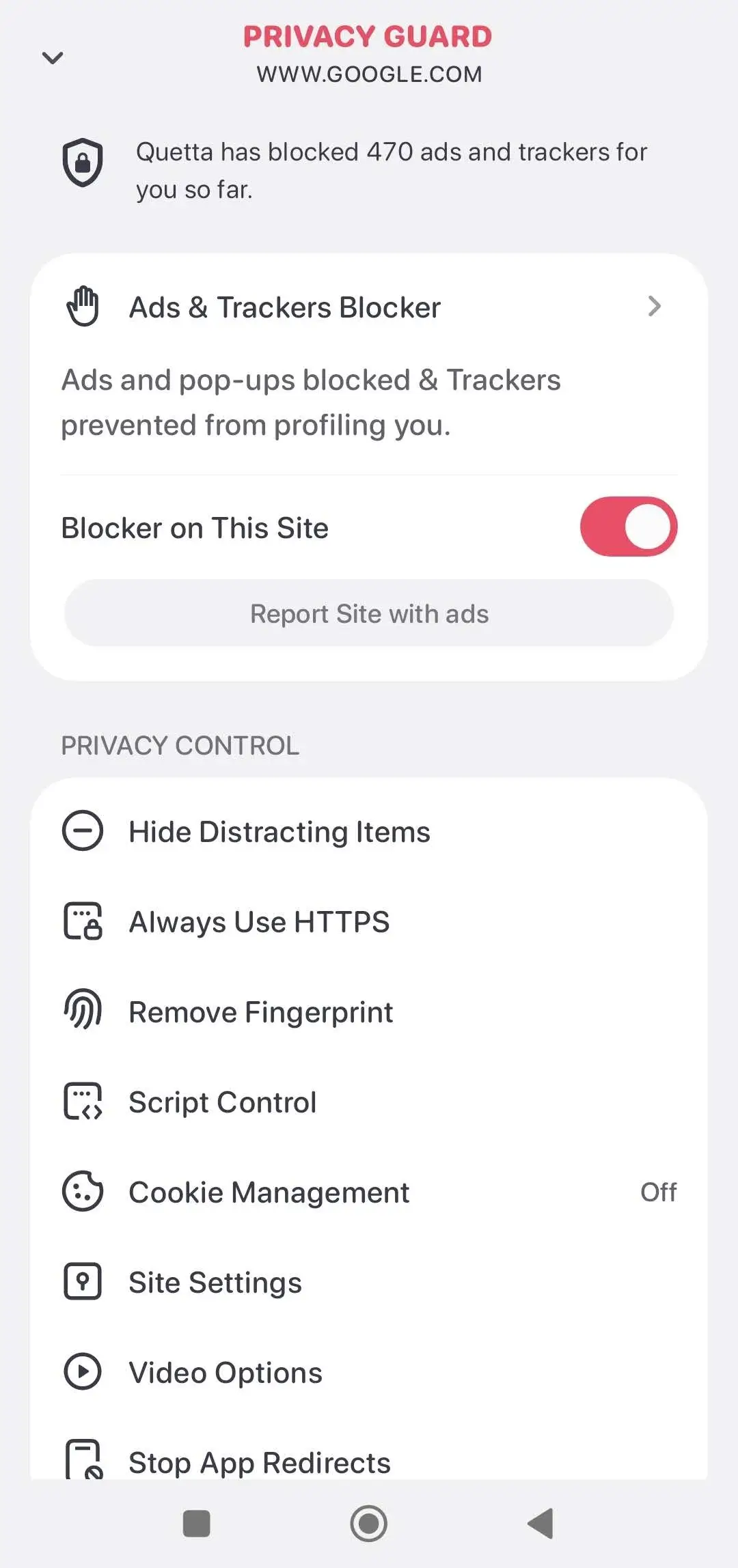 Quetta ad blocking settings screenshot showing preset filters, custom filters, and Acceptable Ads disabled.