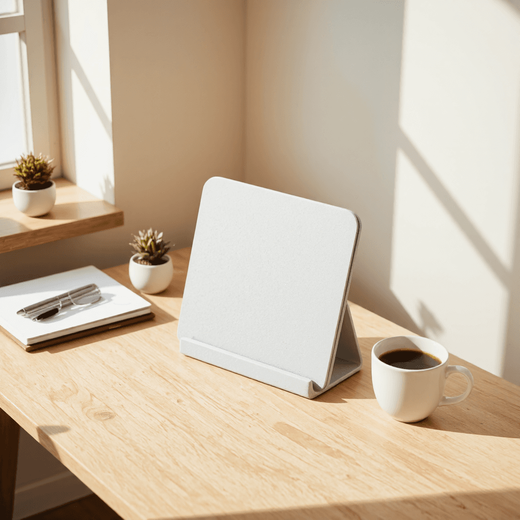 product photography of A mini-sized, light gray tabletop stand