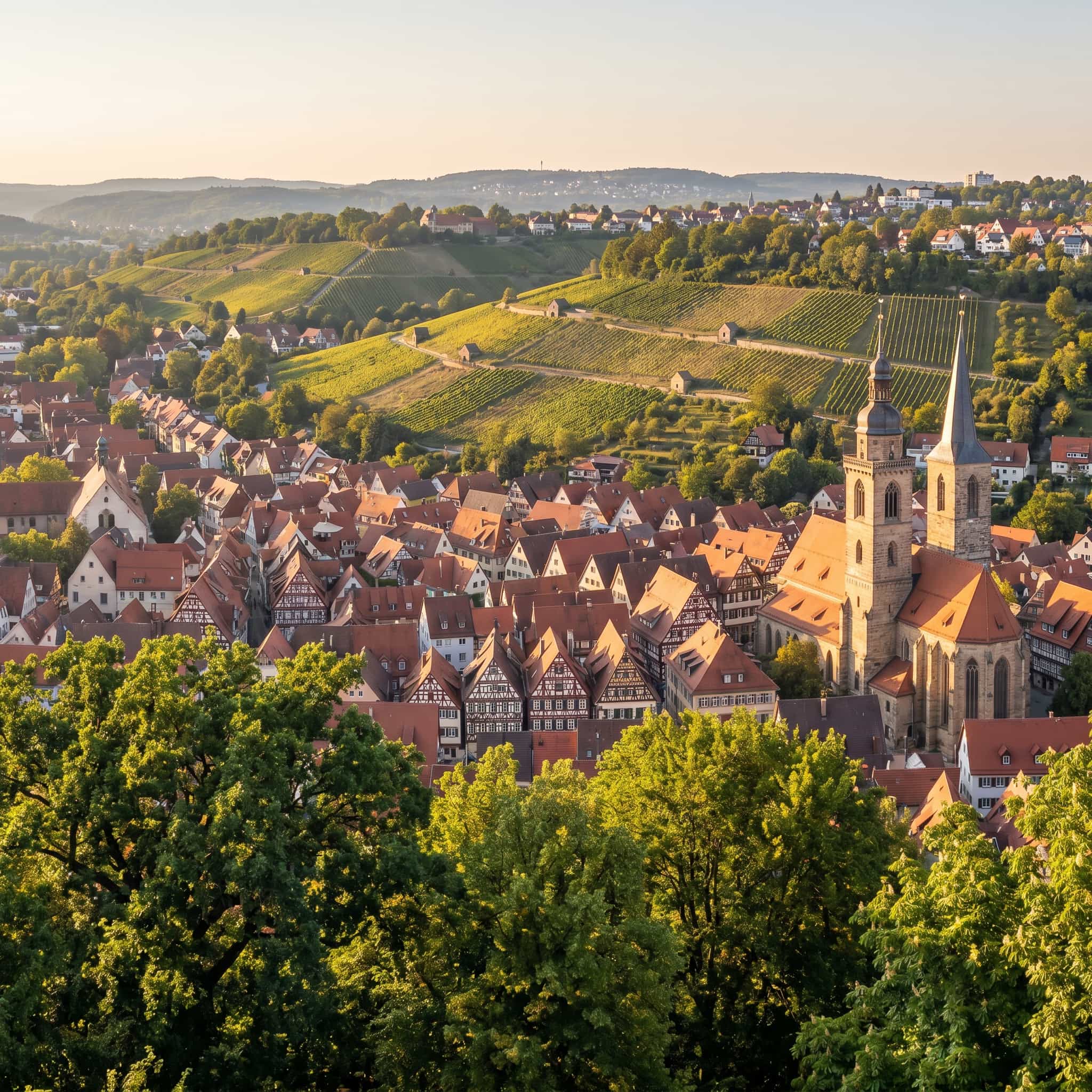 Süddeutsche Altstadt mit Fachwerkhäusern und Weinbergen