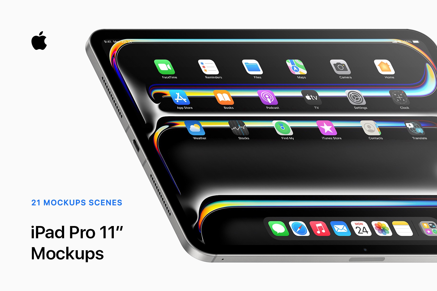 "iPad Pro 11-inch - 21 Mockup Scenes" promotional banner showcasing space black and silver iPad Pro mockups with high-quality reflections.