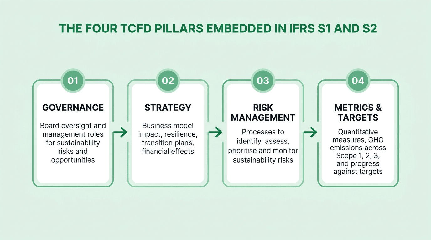 Four TCFD pillars showing Governance, Strategy, Risk Management, and Metrics and Targets as the common structure underlying both IFRS S1 and IFRS S2