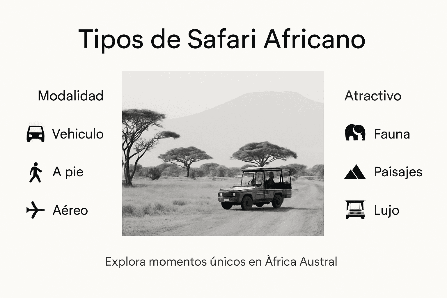 Guía visual sobre los diferentes tipos de safaris y los principales atractivos de África Austral