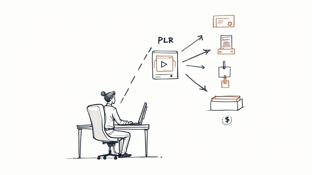 Person working on laptop creating PLR content with arrows showing distribution to multiple products