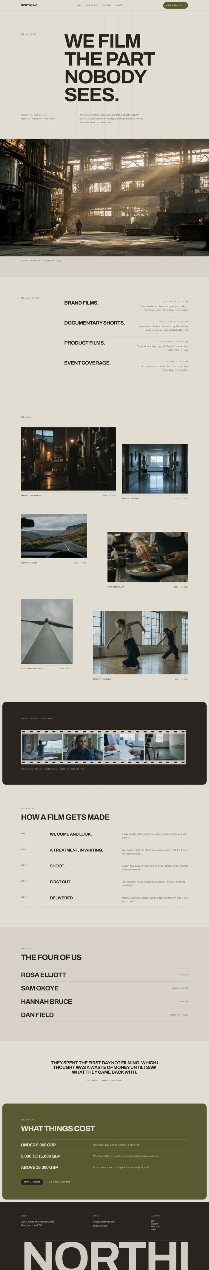 Full page of an AI-generated video production website with a gridded hero, factory still, services list with runtimes and prices, editorial work grid, film strip panel, process timeline, team credits, client quote, olive budgets panel and dark footer
