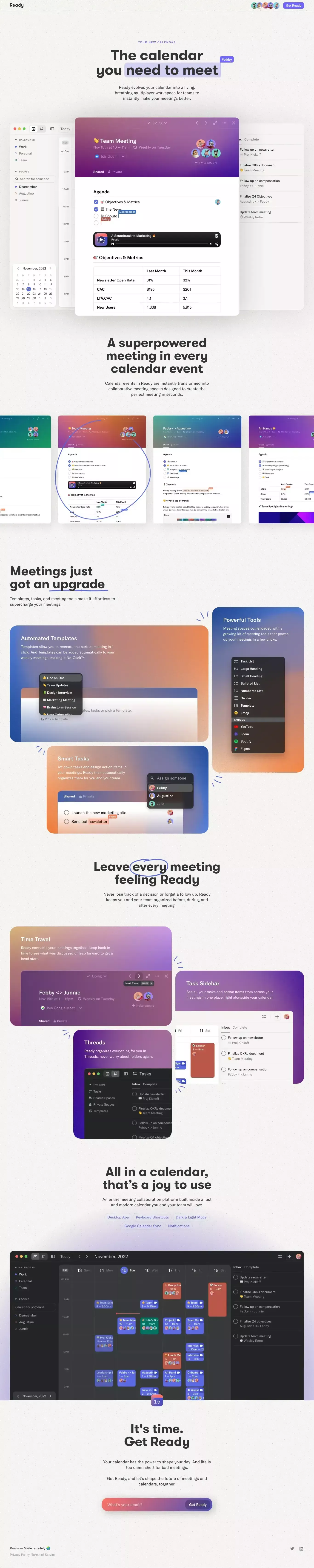 Ready landing page screenshot showcasing Tech design