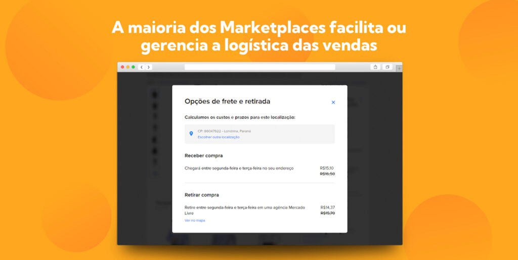 Na captura, as opções de logística oferecidas nativamente pelo Marketplace Mercado Livre.