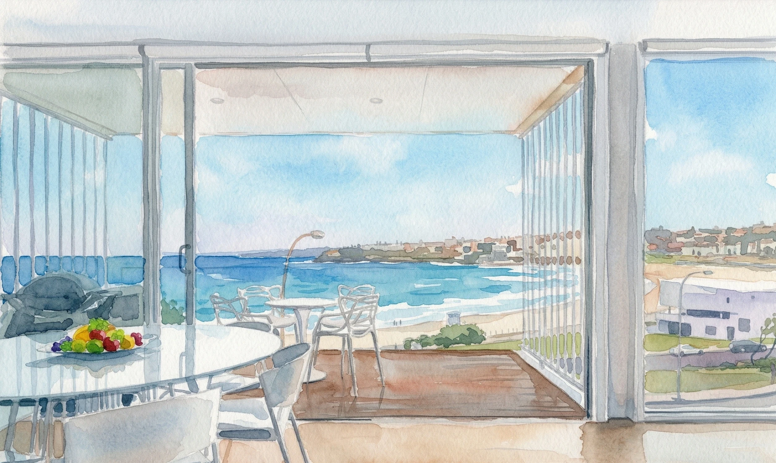 Watercolor painting of a balcony view overlooking the serene Bondi Beach with blue ocean and distant houses