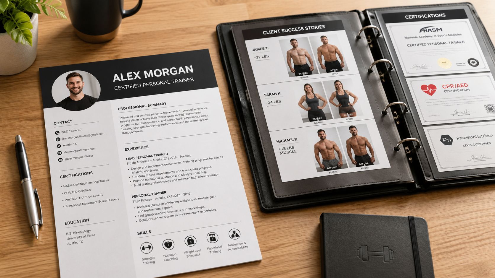 A professional fitness trainer resume and client success portfolio displayed on a desk with certification documents.