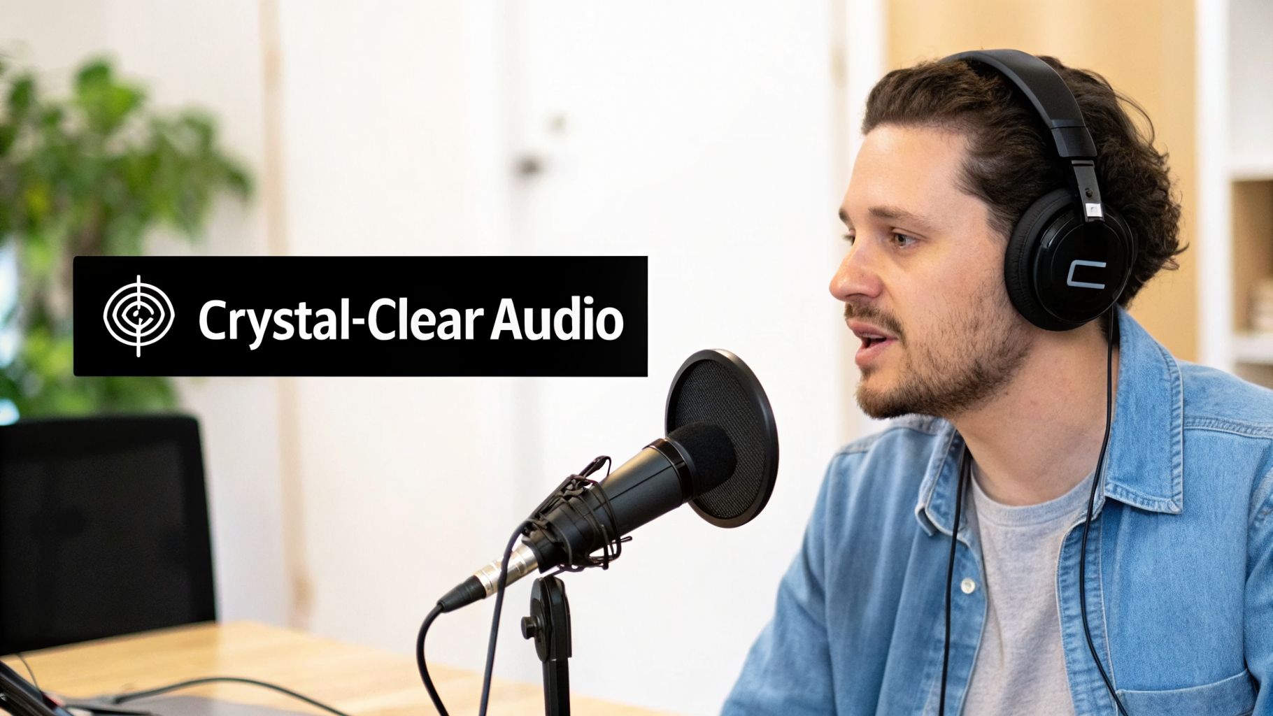 A man podcasting with headphones and a microphone, featuring a 'Crystal-Clear Audio' banner.