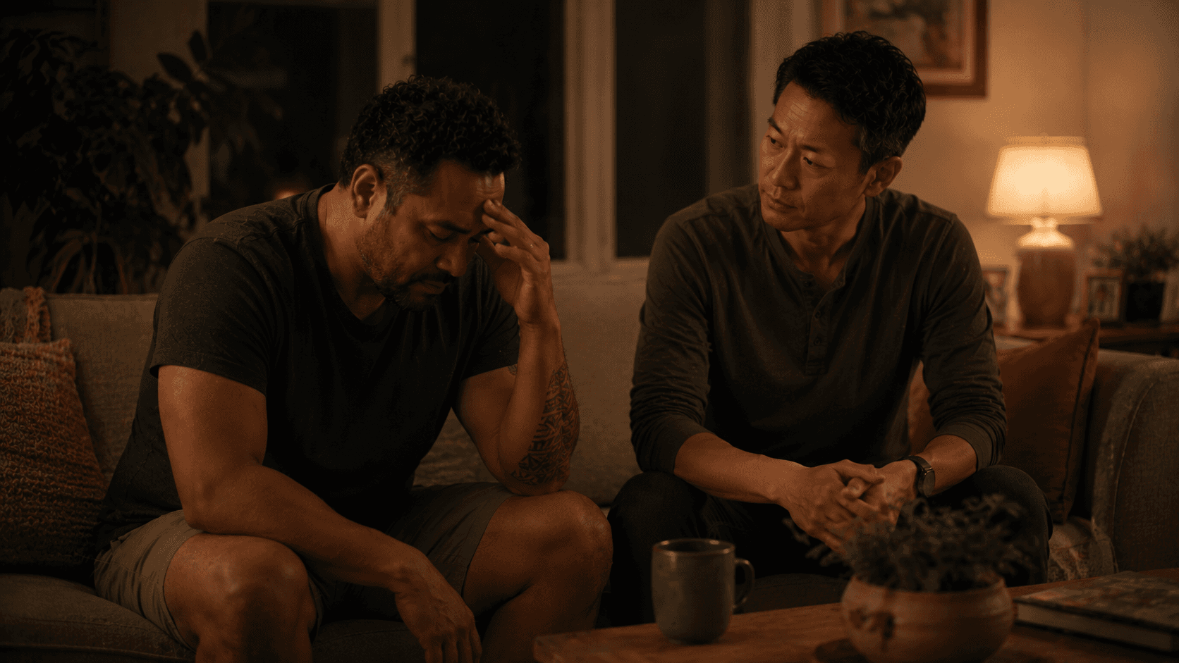 Partner sitting quietly beside a loved one who is emotionally drained, offering calm and steady support