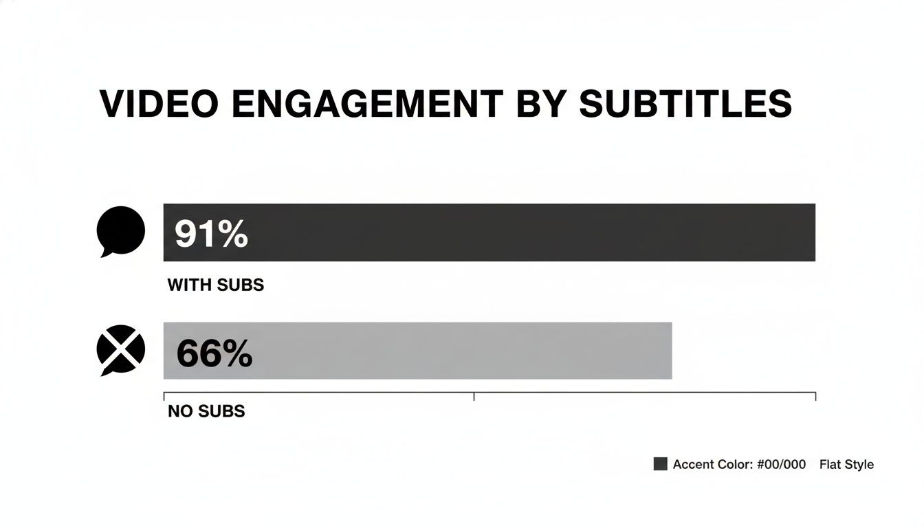 Bar chart illustrating video engagement, showing 91% with subtitles and 66% without.