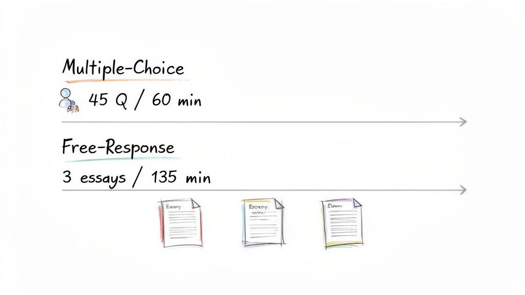 Exam breakdown showing multiple-choice questions (45 Q/60 min) and free-response essays (3 essays/135 min).