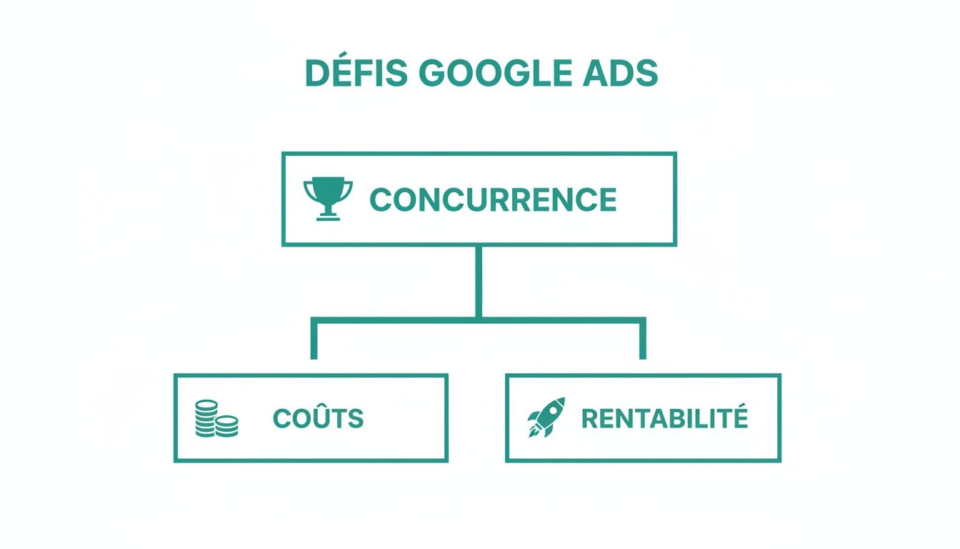 Diagramme des défis Google Ads affichant la concurrence, les coûts et la rentabilité avec icônes.