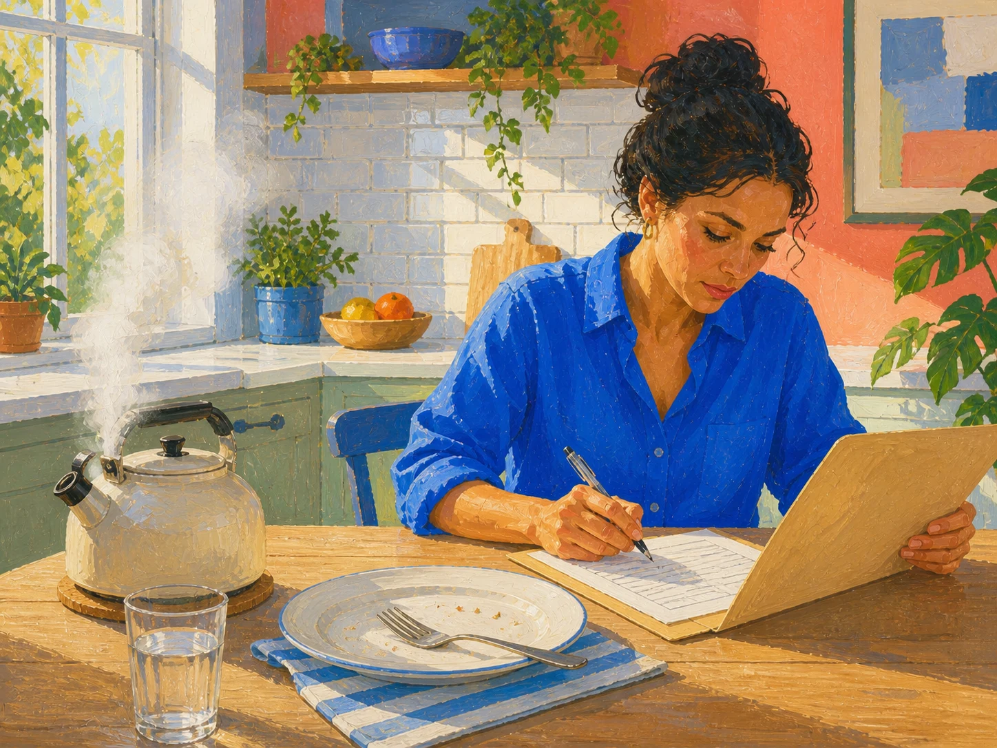 A person begins a short form immediately after lunch, using a visible routine as the cue.
