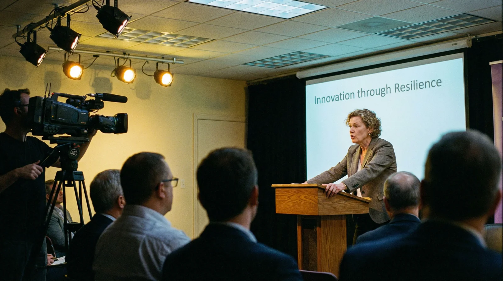 Keynote speaker on stage, camera operator capturing the moment at frame left, audience in foreground, expertise being documented in real time