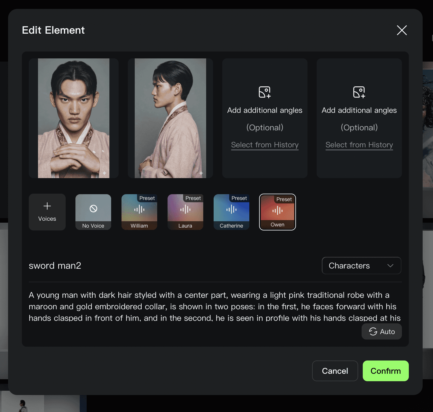 AI video interface with character reference images