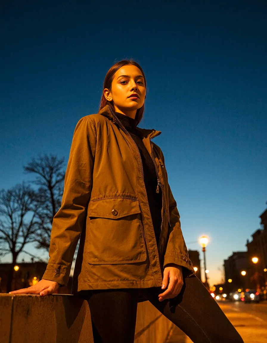 Person in tan utility jacket against twilight city backdrop with golden hour lighting creating dramatic contrast with deep blue sky.