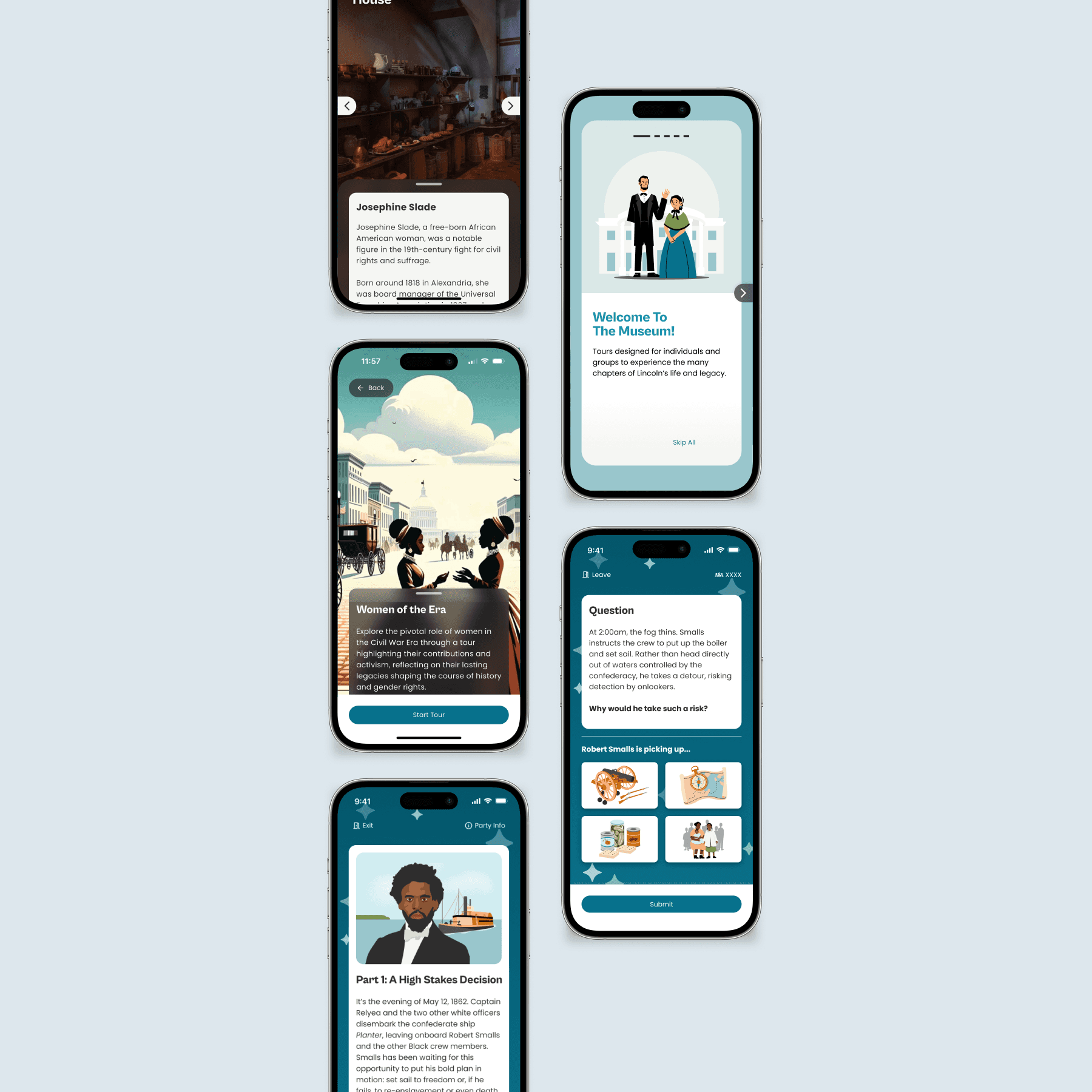 Five screens oriented in a feed, depicting different parts of the mobile app