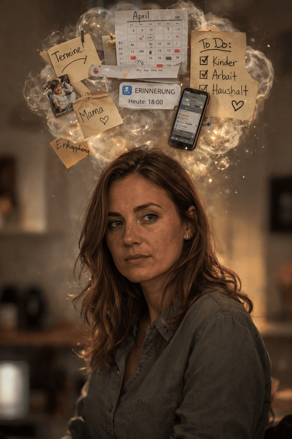 Realistische Aufnahme einer Frau mit nachdenklichem Blick, über deren Kopf schwebende Notizen, Kalender und Smartphone-Erinnerungen den mentalen Stress und die To-do-Liste des Alltags symbolisieren