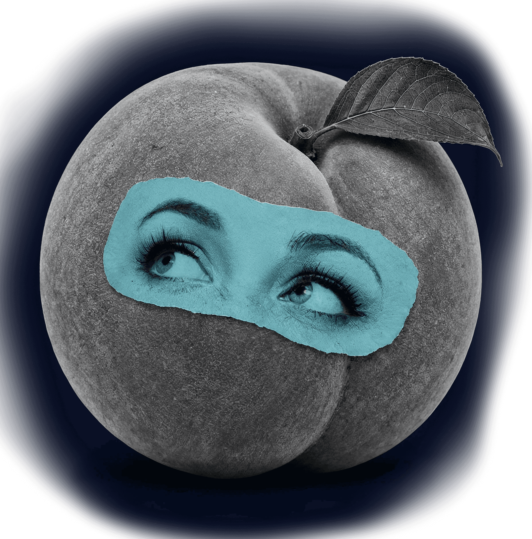 Grey peach illustration wearing a teal sleep mask over its eyes