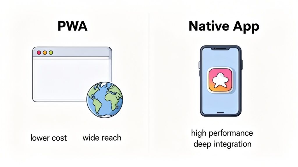 A comparison chart highlighting the benefits of Progressive Web Apps (PWA) versus Native Apps.